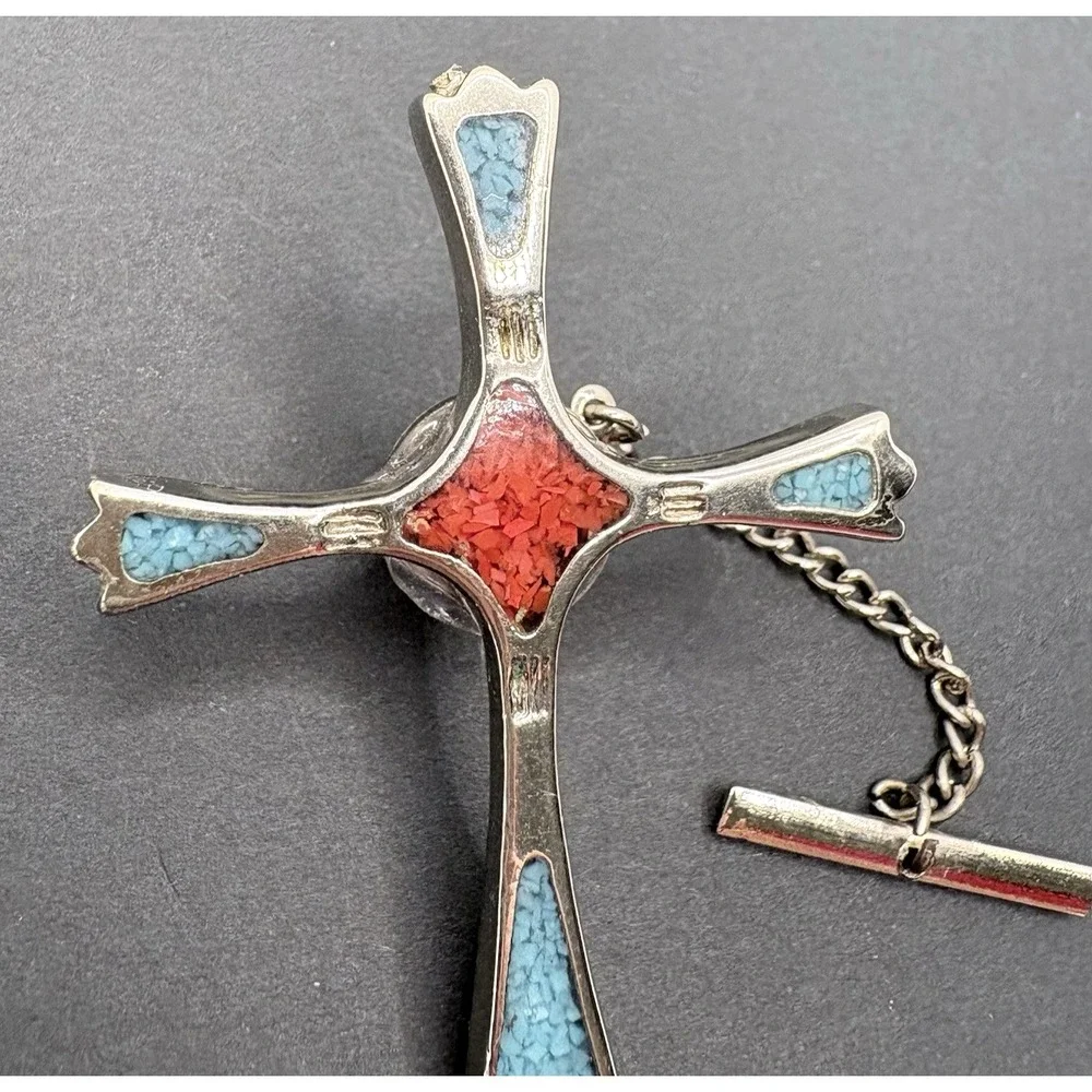 Vintage Southwestern Style Cross Tie Tack Turquoise & Red Coral Silver Tone